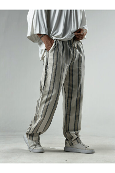COCOPELLI Striped Beige Linen Men's Baggy Trousers Coc3290