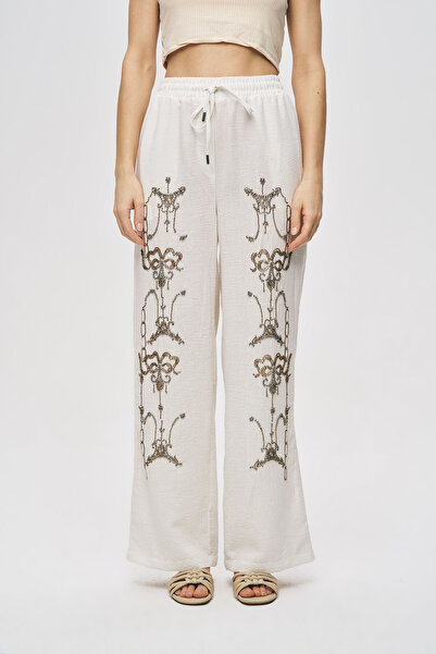 Orfeo Negro Women's Stone and Bead Embroidered Natur Palazzo Trousers