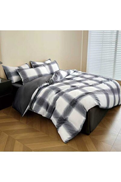 CumparaMisim Lenjerie pat dublu, bumbac satinat, 4 piese, Alb, Negru, chenare