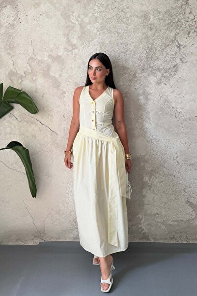 Elbee Fashion Woman Κίτρινο φόρεμα με λεπτομέρεια από κουμπιά και ζώνη στο πλάι