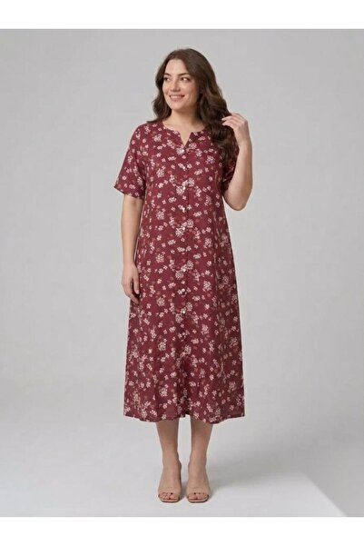 Sedef Moda Evi Short Sleeve Viscose Burgundy Hijab Dress with Cherry Blossom Pattern on the Floor, Plus Size Mother's Dress