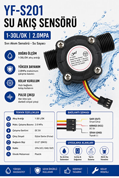 RoboPazar Yf-s201 Su Akış Sensörü Sıvı Akım Sensörü 1-30l/dk 2.0mpa Su Sayacı...