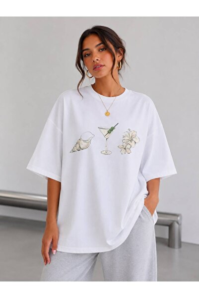 khufu White Oversize Fit Cotton Summer Concept Printed Relaxed Cut Unisex T-S...