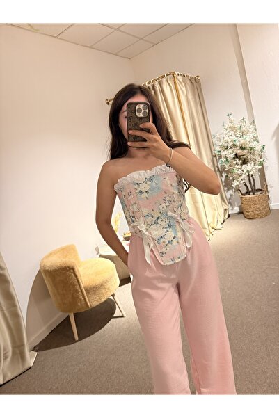 Alâ Butik Official Çiçek Desenli Bağcık Detaylı Korse Bluz
