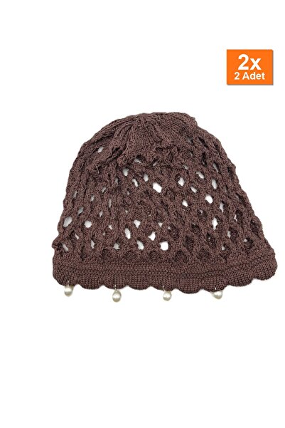 Bozhi Pearl Mesh Knitted Beret Brown Buckle Stylish Gift