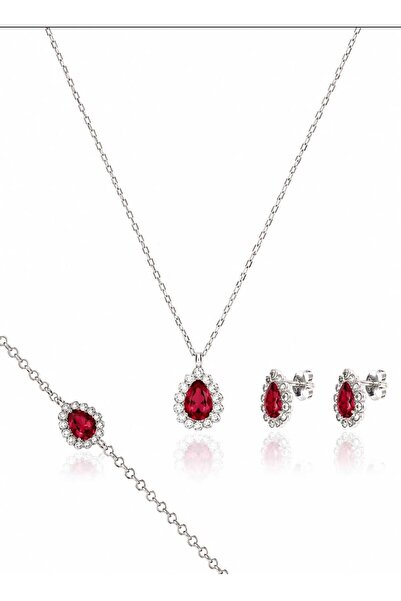 byess 925 Ayar Gümüş Kırmızı Taşlı Damla Kolye Küpe Bileklik Set