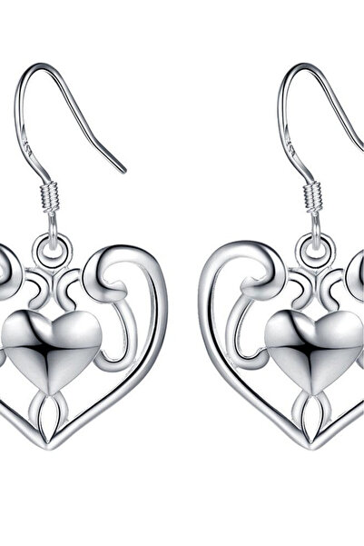 VeeShop Earrings with concentric hearts and flourishes, silver plated