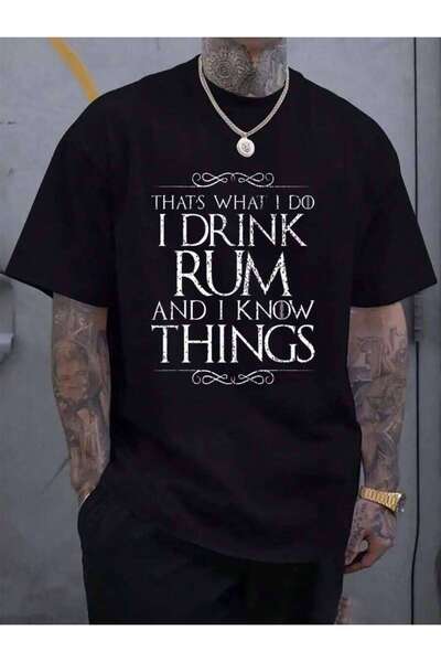 23ERVA 100% Cotton Life Drink Rum And I Know Things Men's Black Vacation Crew...