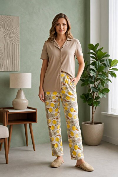 Kadın Vizon Düğmeli Kısa Kollu Limon Desenli Pijama Takımı