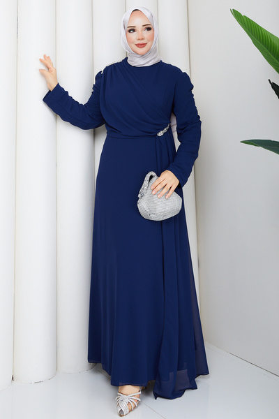 Pamuk Butik Kadın Taş Detaylı Drapeli Tesettür Şifon Abiye Elbise