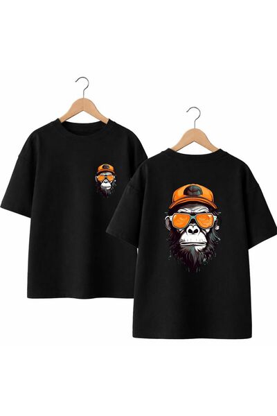 playwear تي شيرت برتقالي اللون مطبوع عليه قرد على الظهر والصدر الأمامي، مصنوع...
