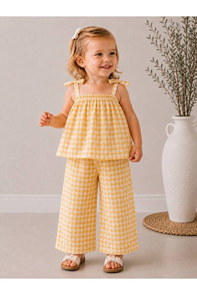 Moda Lina Baby Κίτρινο καρό υφασμάτινο σετ ποπλίνας με τιράντες για κορίτσια ...