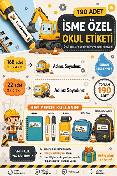 WALLHUMAN 190 Adet İsme Özel İş Makineleri Okul Etiketi Seti – Suya Dayanıklı...