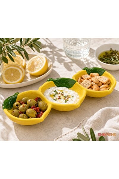 SHOPIENS Platou ceramic Lemon pentru aperitive, cu 3 boluri compartimentate, ...