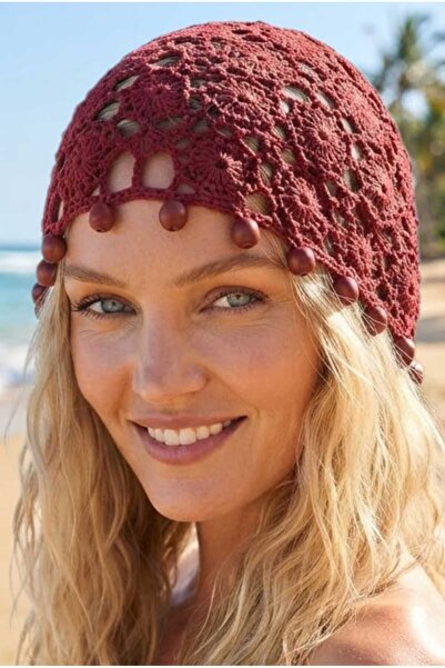 Mood Agenda Women's Natural Wooden Beaded Knitted Beanie Mesh Textured Bohemi...