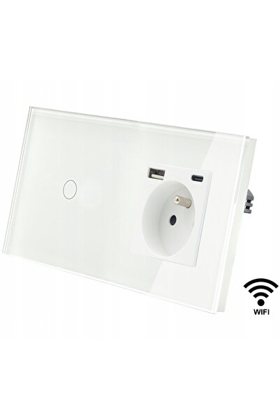 İNDUAL Întrerupător tactil Wifi din sticlă, fără N, cu priză USB A+C, alb
