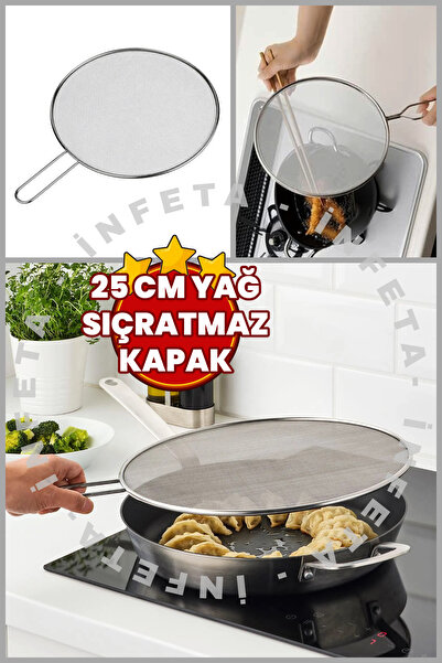 İnfeta 25 cm Yağ Sıçratmaz Kapak -Metal 14cm Saplı Kızartma Kapağı Yağ Sıçrat...