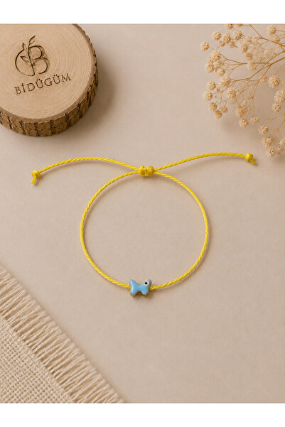 Bidüğüm Handmade Bracelet with Yellow Thread and Blue Butterfly Figure |   Ad...