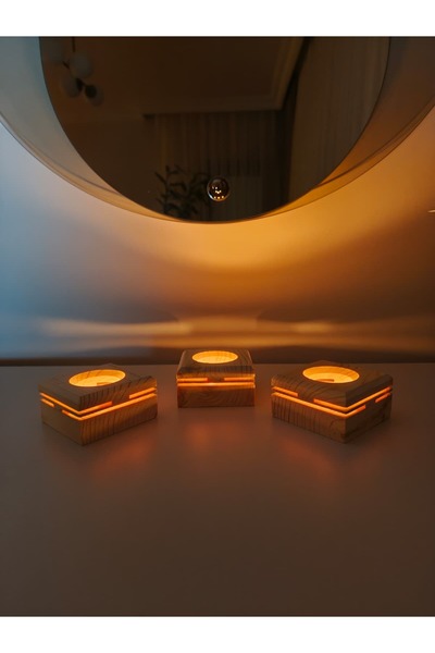 Trivon Studio Doğal Ahşap 3'lü Dekoratif Tealight Mumluk
