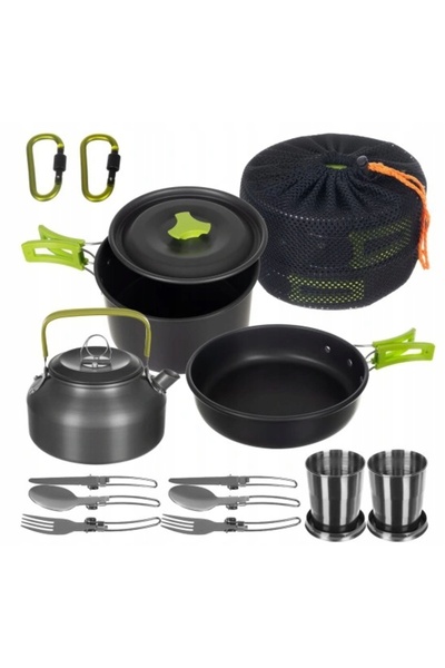 Trizand Set de vase de gătit pentru camping, ceainic, tigaie, tacâmuri, pentr...