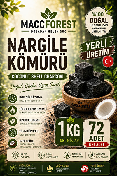 MaccForest 1 Kg Nargile Kömürü 72 Adet Hindistan Cevizi Kabuğu Kömürü 25 mm K...