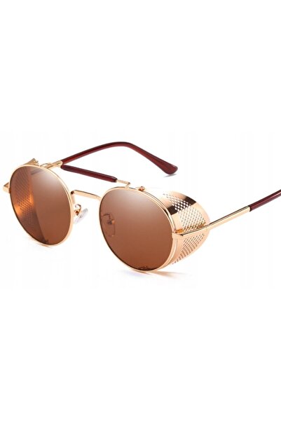 NO BRAND Ochelari de soare unisex rotunzi metalici retro UV400 maro auriu