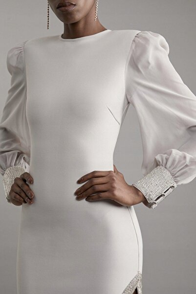 NO BRAND Rochie midi gri cu mâneci lungi bufante și șliț Karen Millen L
