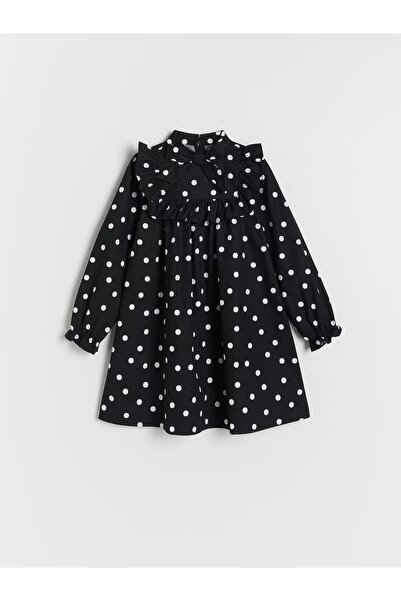 NO BRAND Rochie neagră cu buline albe din bumbac și guler înalt cu fundă, Rez...