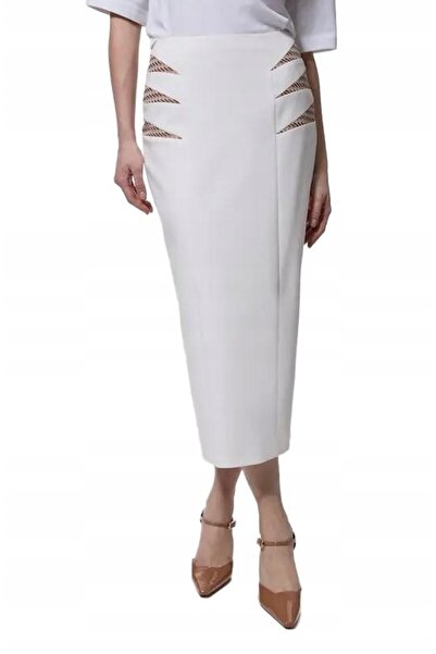 NO BRAND Fustă Ecru Midaxi Imprimată Dreaptă Cu Fermoar Clasică Karen Millen 40