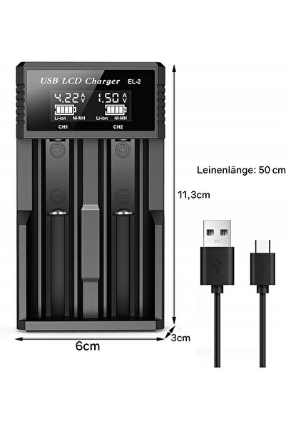 NO BRAND Încărcător de baterii USB-C 2A cu 2 sloturi pentru 18650 / 26650 / A...