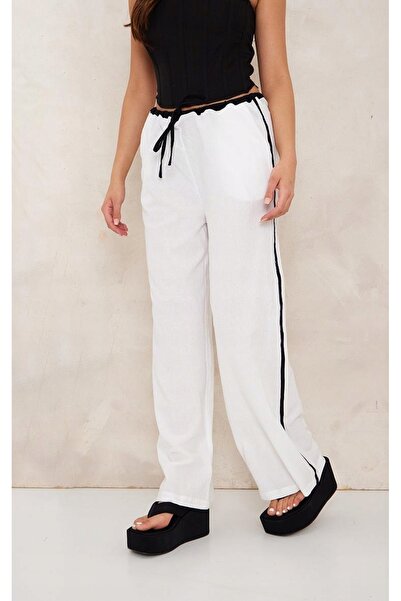 NO BRAND Pantaloni clasici albi cu bretele negre, închidere cu șnur, PRETTYLI...