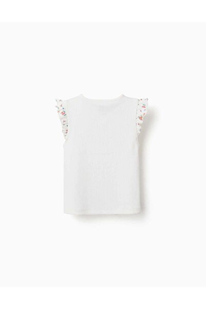 Ziddy Ribbed Cotton T-Shirt With Ruffled Sleeves For Girls, Light Beige