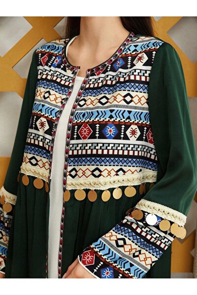 NO BRAND Jachetă verde lungă, cu motiv aztec, mânecă lungă, lejeră, Shein 36