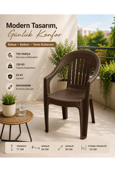 YOGNETIC Rattan Desenli Kollu Sandalye | Bahçe & Balkon Sandalyesi - 2 ADET