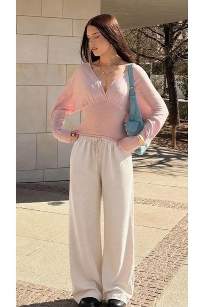 DAMGA JEANS بنطلون نسائي صيفي واسع الساق من الكتان بلون إكرو