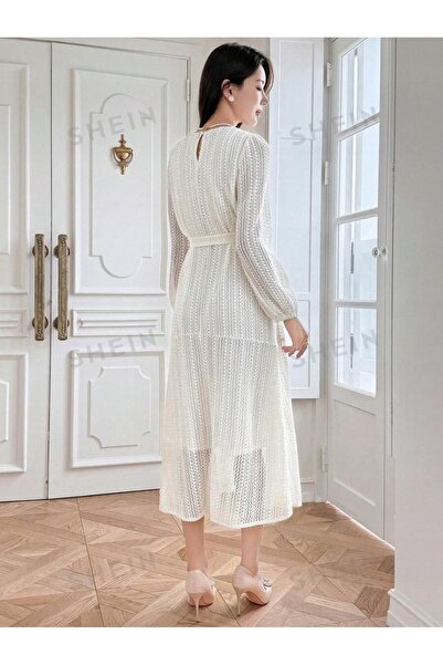 NO BRAND Rochie midi tricotată crem, simplă, cu mânecă lungă, cu curea, Dazy S