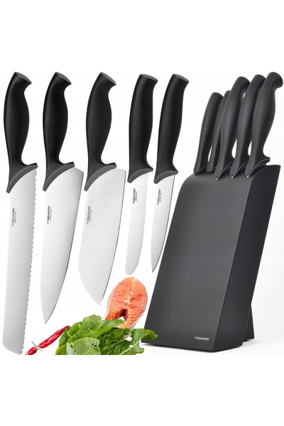 NO BRAND Set complet Fiskars 5 cuțite de bucătar, bloc negru din lemn, oțel a...