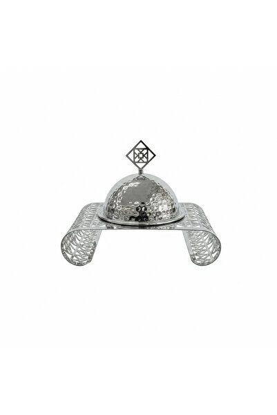 AKDC Silver Metal Candy Plate with Dome Lid & Decorative Base — 23×16 cm