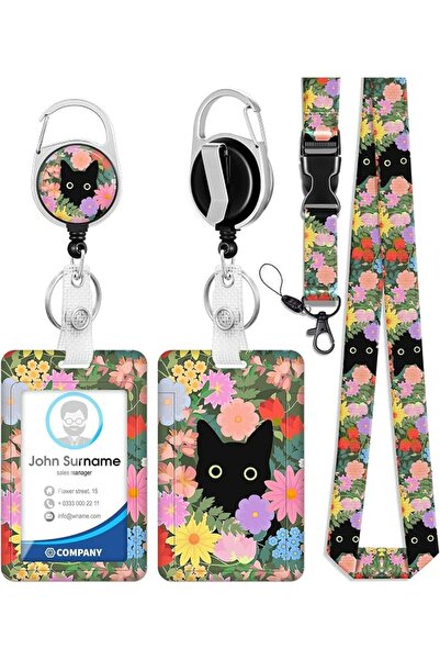 Generic Retractable Badge Holder, Cute Black Cat Floral Durable Vertical ID C...