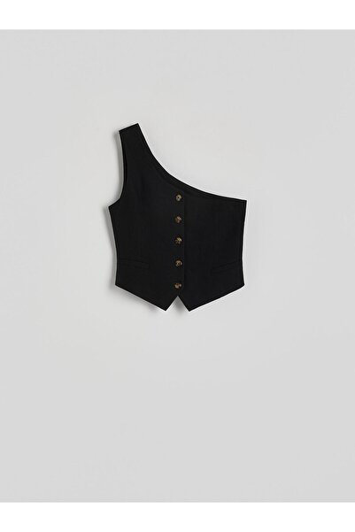 NO BRAND Vestă de costum asimetrică neagră, cu nasturi, pe un umăr, mărimea L.