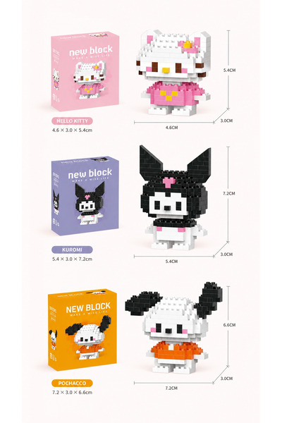 New Block Hello Kitty Kuromi Pochacco Mini Blok Figür Seti 3’lü | Yapı Blok O...