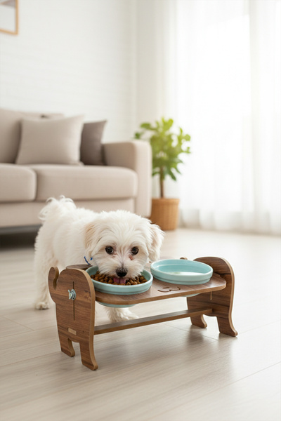 GOBYPET Ahşap Köpek Mama Seramik Su Kabı Standı,Köpekli Mama Kabı, Hediye Ked...