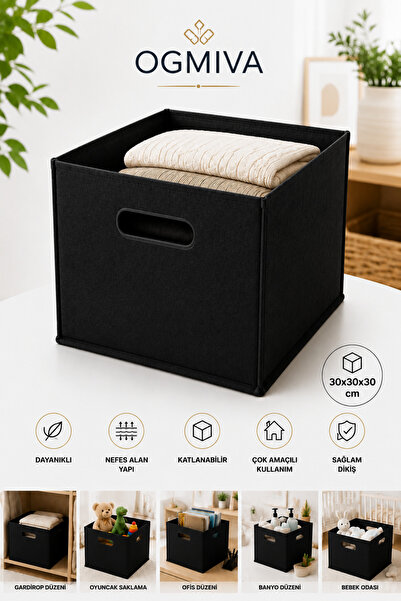 OgMiva Siyah Keçe Organizer Kutu 30x30x30 cm Katlanabilir Çok Amaçlı Düzenley...