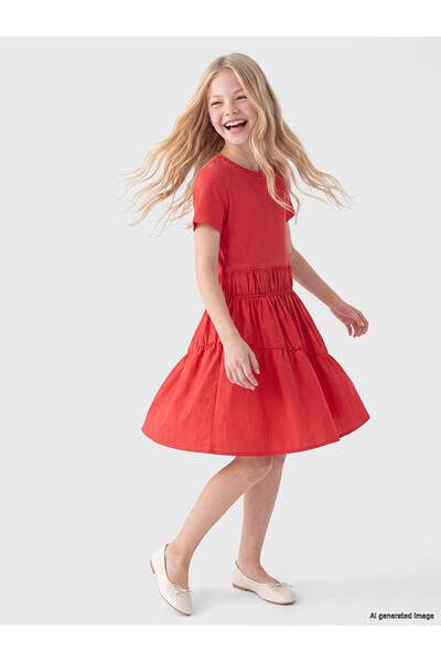 LC Waikiki Trendlucky Girls' Dress with Oval Neckline and Drawstring Detail