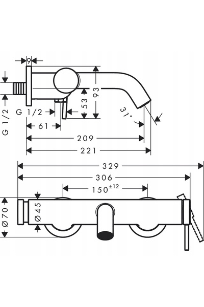 Hansgrohe Tecturis S 73422000 Baterie de cadă cromată, montată pe perete