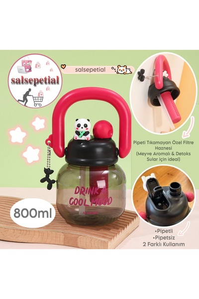 Salsepetial Panda Su Matarası Kawaii Suluk Panda Figürlü Su Şişesi Panda Mata...