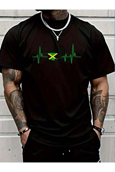 01THEONE 100% Cotton Heartbeat Design Jamaican Flag Jamaica T-Shirt Casual Sh...