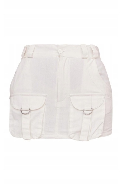 NO BRAND Prettylittlething Fustă Mini Cargo Albă, Slim Fit, cu Buzunare, 38