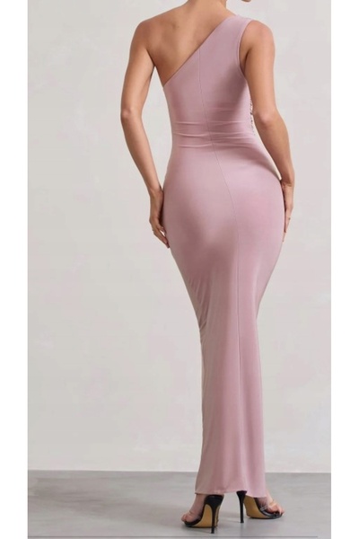 NO BRAND Rochie maxi mov, mulată, cu guler asimetric și detaliu încrețit, Clu...