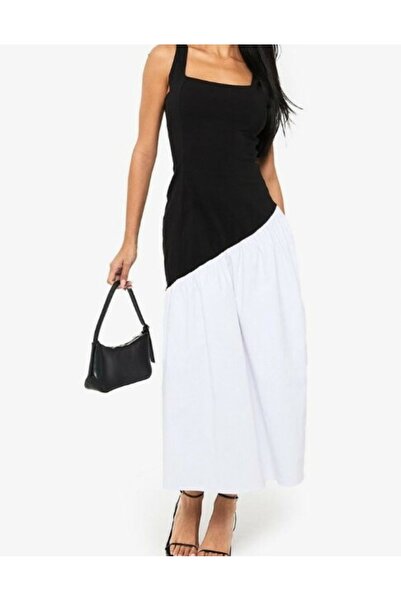 NO BRAND Rochie Cocktail Clasică Midaxi Alb-Negru cu Guler în Carouri Boohoo 38